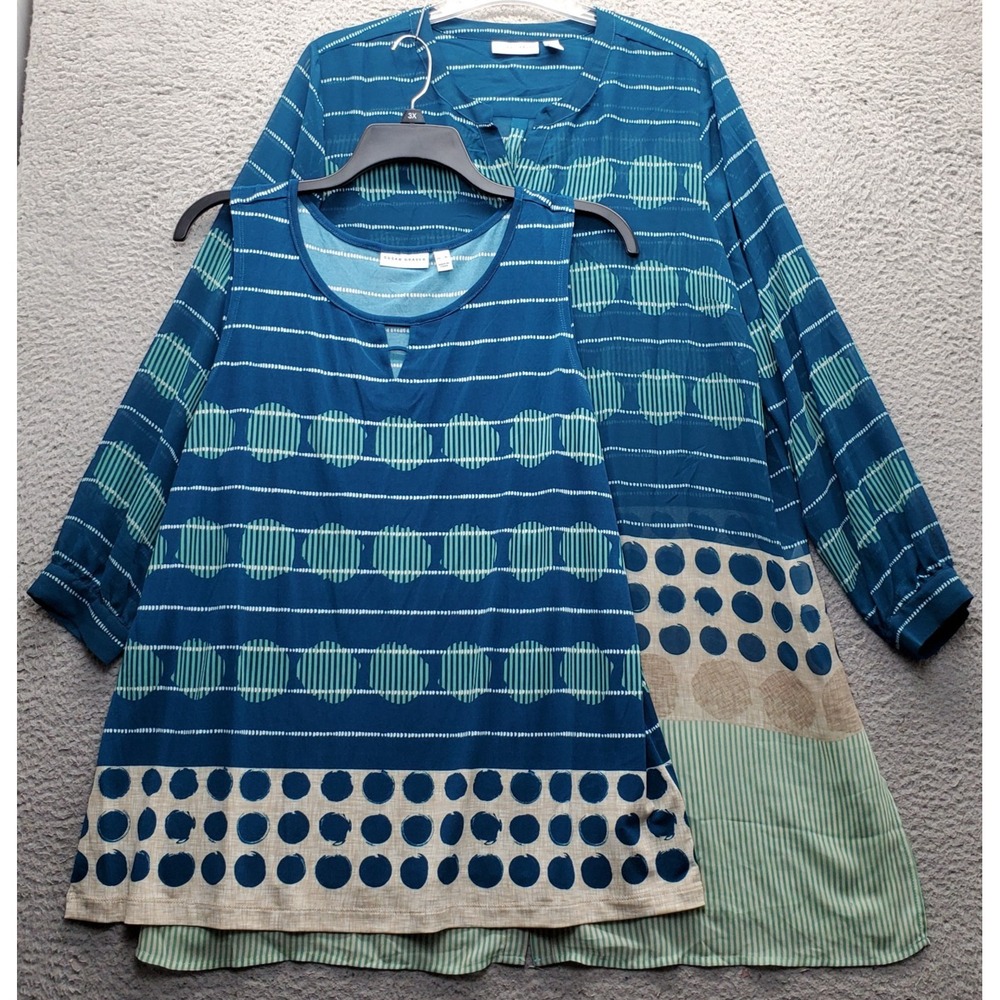 Susan Graver 2-Piece Tank Top & Shirt Set Womens XL Multicolor Striped Polka Dot